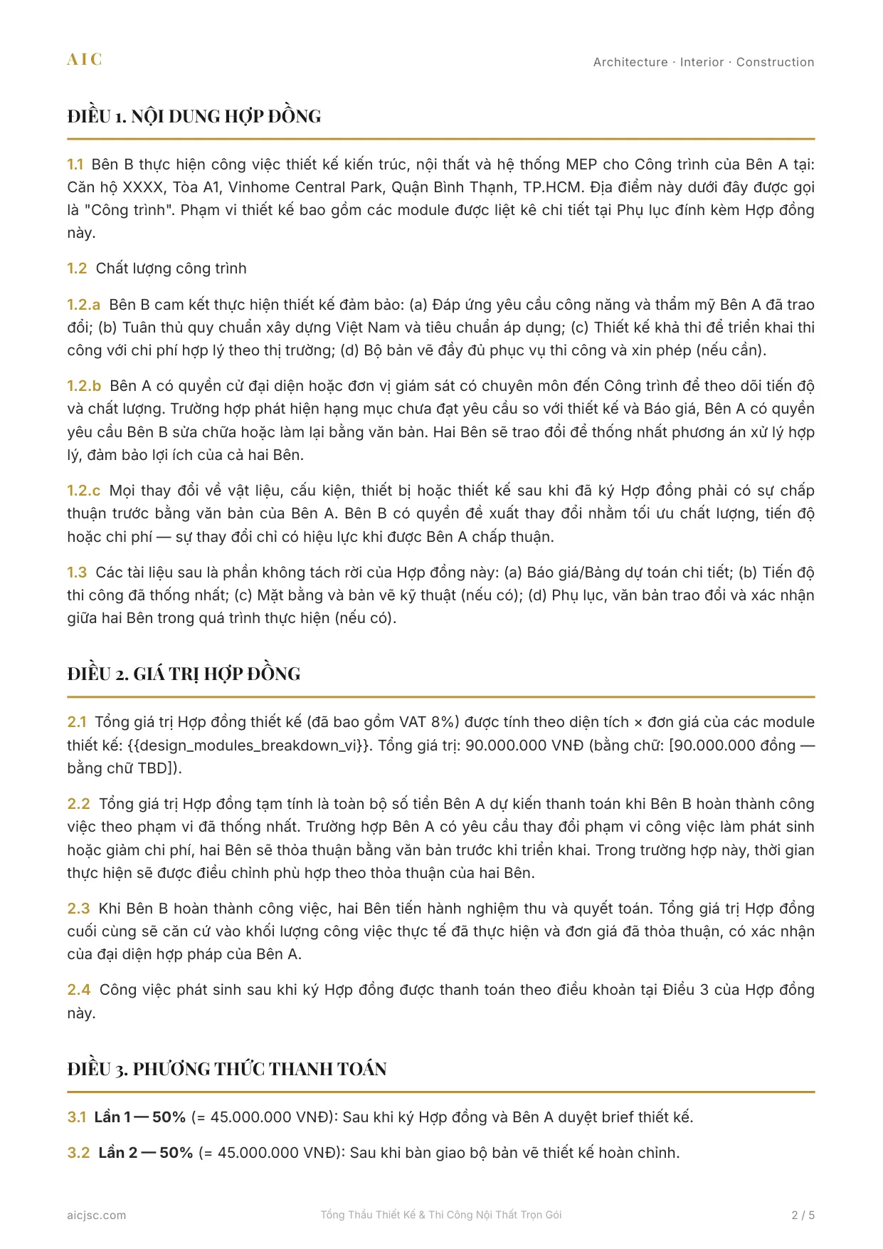 Body một bản HĐ Thiết Kế render từ skill — clause numbering gold, justify alignment, font Inter, layout chuẩn legal