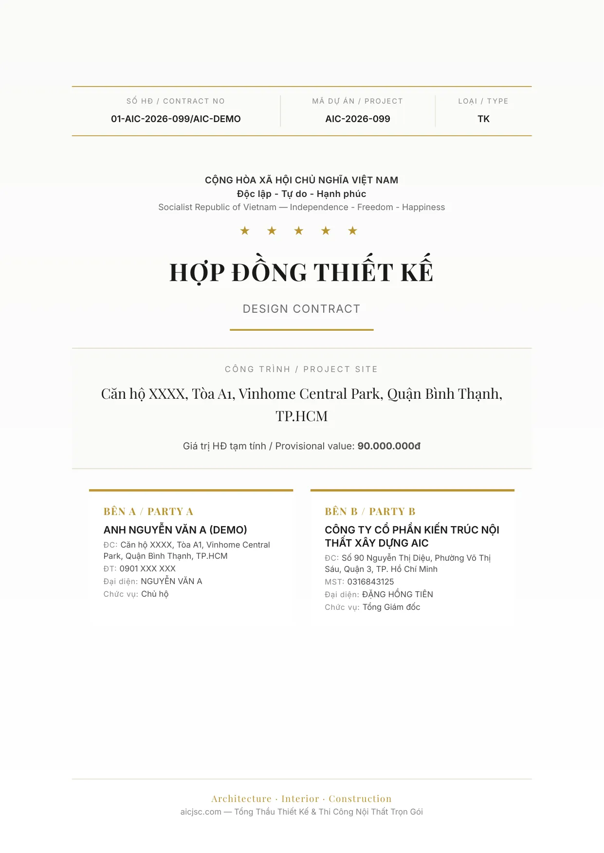 Cover page Hợp đồng Thiết Kế — gold border, logo, doc meta bar, project info, parties grid 2 cột
